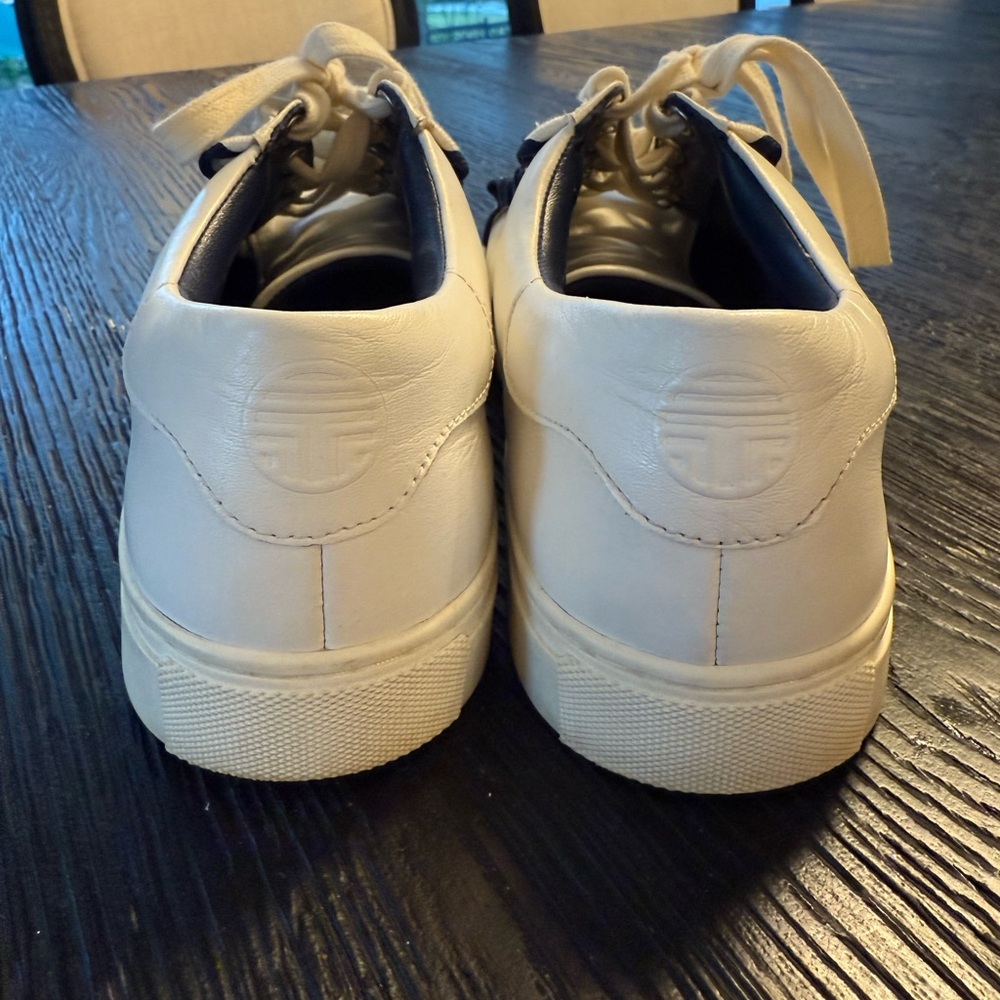 Tory Burch White and Navy Ruffle Trim Sneakers - Picture 3 of 10